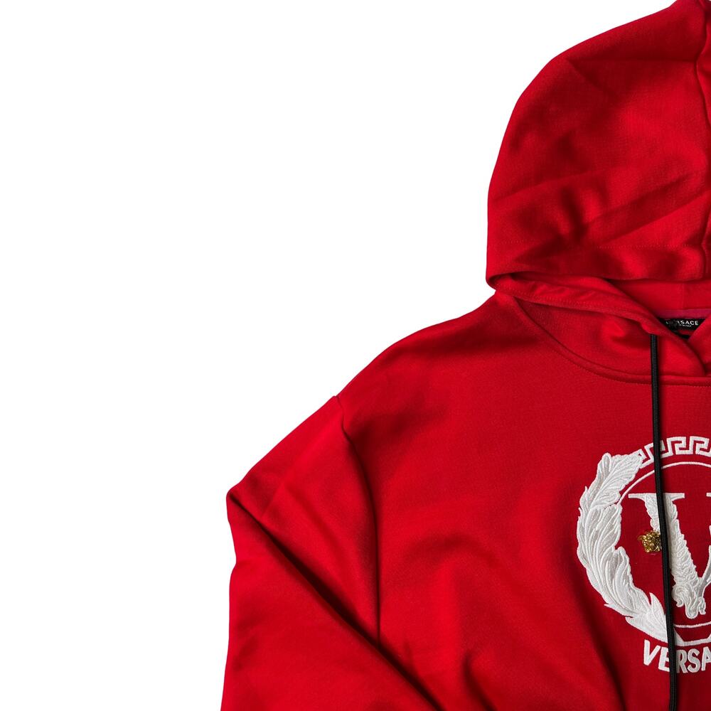 1-42 VERSACE Women's Pullover Cropped Hoodie Embroidered Logo Red Medium/44 - Picture 4 of 16